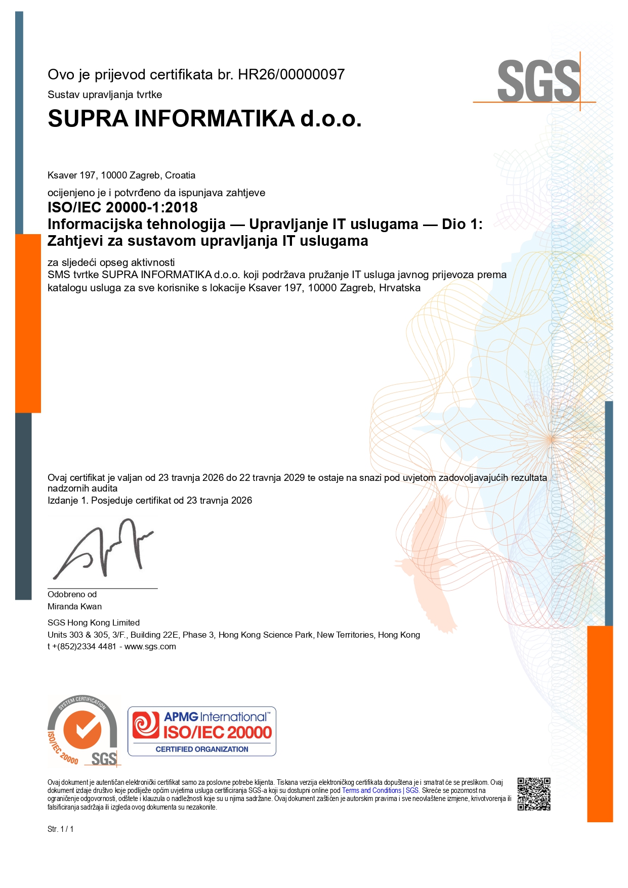 Certifikat ISO/IEC 20000-1:2018