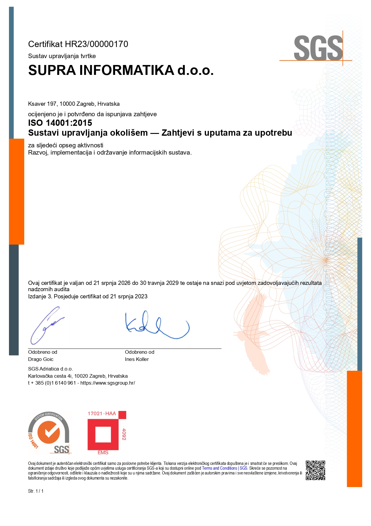 Certifikat ISO 14001:2015